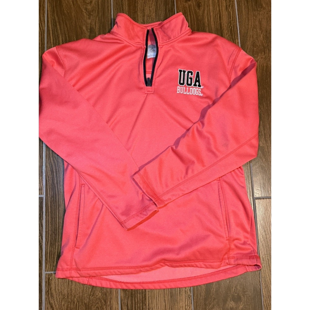 Univ Of Georgia UGA BULLDOGS Women 1/4 ZIP Red Great Logo Satiny - Picture 1 of 4